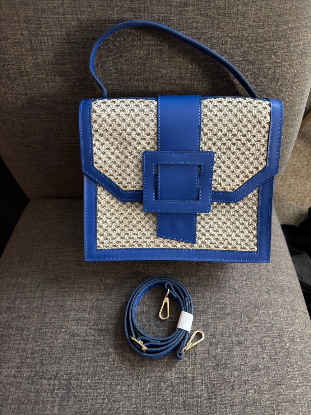 Blue Trim Woven Satchel with Detachable Strap